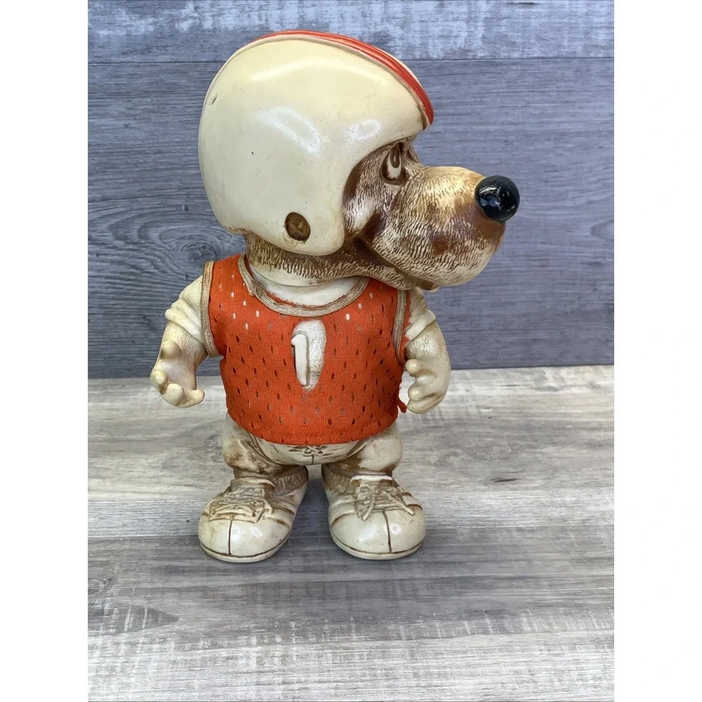 1977 Creative Mfg Orange Football Player Hound Dog Plastic Coin Bank Vintage 70s